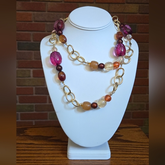 Vintage George Gold Tone and Purple Brown Tan Color Beaded Necklace - Picture 9 of 9